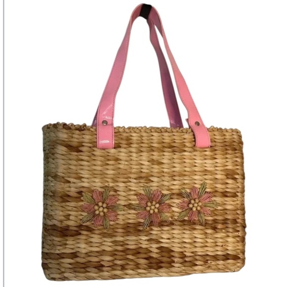Bloomingdale’s straw bag purse pink patent embroidered beaded beach - Picture 8 of 8